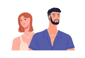 Young man and woman couple. Portrait of modern happy guy and girl. Boyfriend and girlfriend characters together. People with jewelry accessories. Flat vector illustration isolated on white .