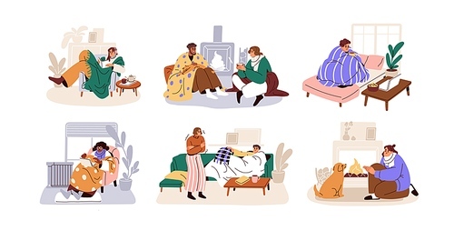 People freezing, shivering from cold at home set. Frozen characters wrapped in plaids, warming with hot drink, fireplace at house in winter. Flat vector illustrations isolated on white .