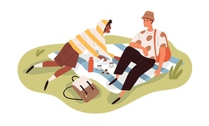 People relaxing on summer picnic. Couple of men with tea in thermos in nature. Happy biracial friends on blanket on grass. Leisure time outdoors. Flat vector illustration isolated on white .