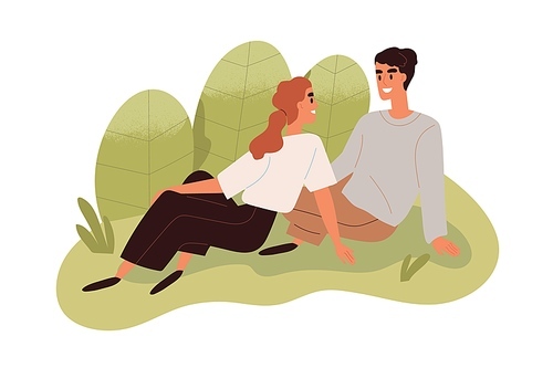 Love couple relaxing in nature. Happy romantic man and woman sitting on grass on summer holidays. Friends on lawn at outdoor leisure time. Flat vector illustration isolated on white .