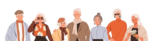 Modern old senior people. Happy elderly men, women in fashion stylish clothes, apparels. Group portrait of trendy aged retired characters. Flat graphic vector illustration isolated on white .