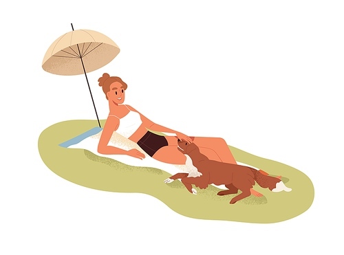Young woman sunbathing in nature, relaxing together with dog. Happy girl, pet owner in bikini lying on blanket under umbrella with doggy friend outdoors on summer holidays. Flat vector illustration.