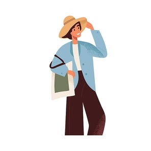 Happy woman in summer hat enjoying outdoors. Relaxed positive person looking aside. Smiling joyful female in modern clothes and tote bag. Flat vector illustration isolated on white .