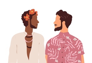 Romantic men couple. Two young guys of different race looking at each other. Homosexual biracial love pair of gays. Abstract LGBTQ friends. Flat vector illustration isolated on white .
