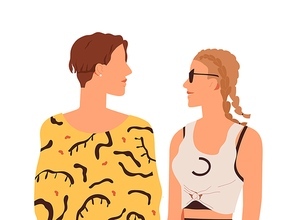 Love couple of young man and woman. Youth communication. Girl and guy meeting, looking at each other. Two people in romantic relationships. Flat vector illustration isolated on white .