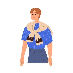 Man wearing casual clothes, tied sweater around shoulders and shirt. Modern smiling guy in apparel, fashion garment. Friendly male character. Flat vector illustration isolated on white .