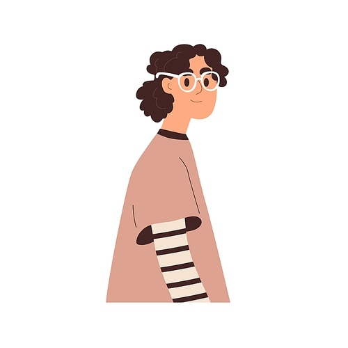 Young girl in glasses portrait. Smiling friendly woman wearing eyewear, eyeglasses, casual clothes. Modern female character with curly hair. Flat vector illustration isolated on white .