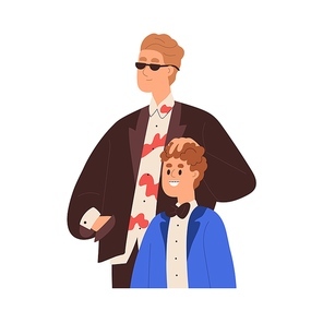 Happy father and son. Cool modern dad and kid. Funny fashion daddy parent and child together. Smiling older and younger brothers, sibling. Flat vector illustration isolated on white .