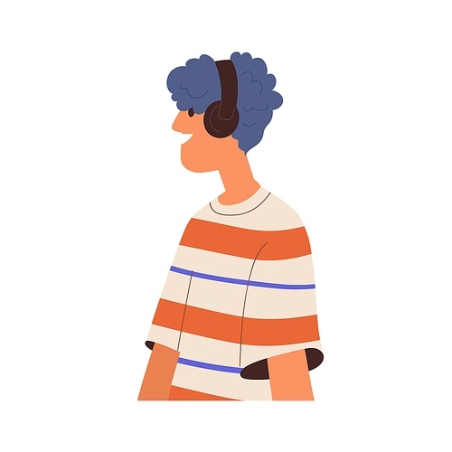 Happy young person in headphones. Modern fashion smiling teenager profile, wearing wireless headset, listening to music. Flat vector illustration isolated on white .
