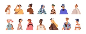 Different modern people set. Fashion female and male characters, casual citizens in motion. Trendy diverse men and women of various age, race. Flat vector illustration isolated on white .