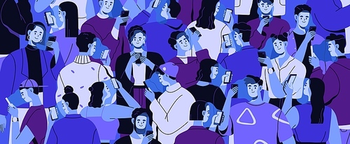 People crowd with mobile phones in hands. Smartphone addiction concept. Many addicted men, women online, surfing internet, social media, looking at cellphone screens. Flat vector illustration.