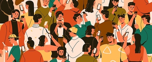 Crowd with mobile phones. Smartphone addiction problem, online life concept. Many people surfing internet, reading and scrolling social media, networks with gadgets. Colored flat vector illustration.