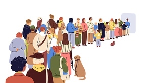 Big queue. Many, multitude people waiting in long line, back view. Crowd of tourists, refugees, men, women, children queuing. Migration concept. Flat vector illustration isolated on white .
