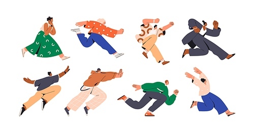 People running fast set. Happy active characters rushing forward, aspiring. Excited determined men, women hurrying on urgent businesses. Flat graphic vector illustrations isolated on white .