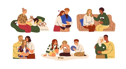 People supporting, comforting, caring about friends, kids with sympathy. Families, couples helping, hugging person. Empathy concept. Flat graphic vector illustrations isolated on white .