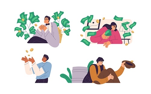 Rish and poor people. Wealthy millionaires with money vs unemployed beggar, needy person. Finance inequality, wealth and poverty concept. Flat graphic vector illustrations isolated on white .