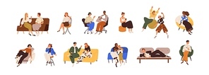 Happy smiling people sitting on sofas, chairs set. Positive relaxed men and women talking, relaxing. Joyful characters resting, speaking. Flat graphic vector illustrations isolated on white .