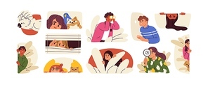 People spying, observing and sneaking set. Characters peeping, hiding behind shrubs, window. Men, women, pets peeking, looking out, searching. Flat vector illustrations isolated on white .