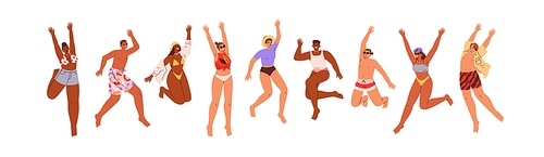 Young people in swimwear jumping up with fun and joy, happy with summer holidays. Excited active men and women with positive energy. Flat graphic vector illustration isolated on white .