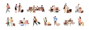 People in airport set. Tourists with luggage at terminal. Passengers with baggage traveling. Men and women with suitcases waiting for departure. Flat vector illustrations isolated on white .