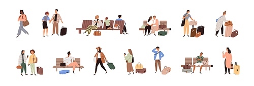 People in airport set. Tourists with luggage at terminal. Passengers with baggage traveling. Men and women with suitcases waiting for departure. Flat vector illustrations isolated on white .