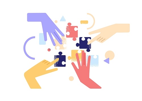 Human hands joining and connecting puzzle pieces together. Teamwork and partnership concept. Business team finding solution and solving problem with jigsaw. Flat vector illustration isolated on white.