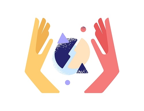 Human hands analyzing data, researching smth. and creating business systems and structures out of abstract geometric figures. Creativity concept. Flat vector illustration isolated on white .