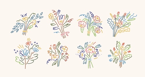 Flower bunches of abstract shapes in modern line art style. Spring floral bouquets, romantic gift. Creative drawings set. Trendy stylized blooms. Isolated hand-drawn graphic vector illustrations.
