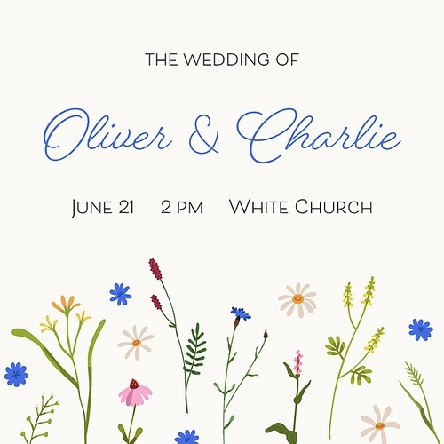 Wedding inviting card design with delicate wild flowers and background for text. Floral invitation template for bridal party, engagement and marriage ceremony. Colored flat vector illustration.