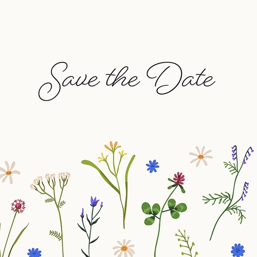 Save the Date, romantic card design with gentle wild flowers. Floral wedding invitation template with background for text for marriage ceremony and bridal party. Colored flat vector illustration.