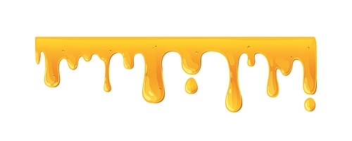 Liquid honey border with dripping gold fluid, drops. Maple syrup, amber caramel sauce flowing down, melting with sticky yellow droplets. Flat graphic vector illustration isolated on white .