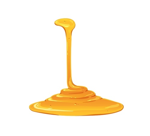 Honey trickle, thin stream pouring into yellow liquid syrup puddle. Maple, caramel sauce falling, flowing, running down in gold fluid. Flat graphic vector illustration isolated on white .