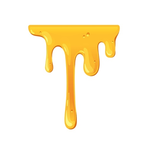 Gold bee honey dripping, trickling down. Sticky melting amber caramel, maple syrup streaming, leaking, flowing. Sweet molten liquid. Flat graphic vector illustration isolated on white .