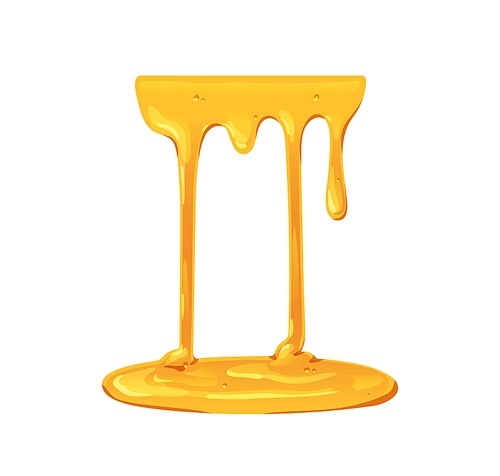 Honey dripping. Melting caramel flowing down to sweet sticky pool. Gold maple syrup leaking, trickling to liquid fluid sugar puddle. Flat graphic vector illustration isolated on white .