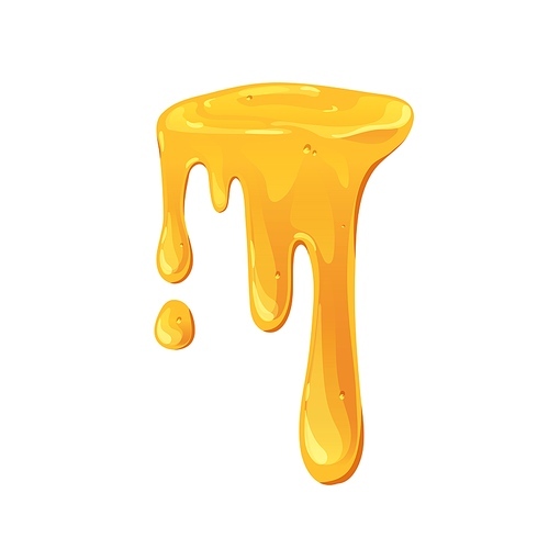 Amber bee honey melting, flowing down. Gold liquid caramel leaking, dripping with sticky streams and sweet drops. Thick sugar syrup. Flat graphic vector illustration isolated on white .