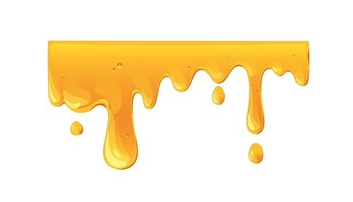 Melting gold amber honey wave. Sticky caramel syrup dripping, flowing down with streams and liquid sugar drops. Fluid molten candy. Flat graphic vector illustration isolated on white .