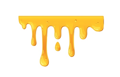 Melting dripping honey border. Amber gold liquid caramel flowing with sugar drops, sticky sweet trickles. Molten maple syrup leaking down. Flat graphic vector illustration isolated on white .