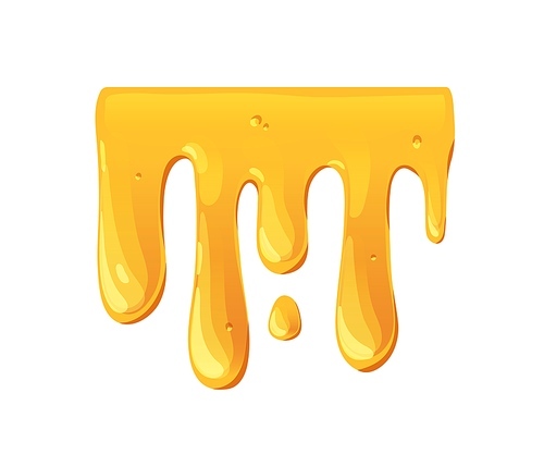 Bee honey dripping, flowing, leaking down. Gold amber liquid fluid with streams and drops. Molten candy, caramel, sticky maple syrup trickles. Flat vector illustration isolated on white .