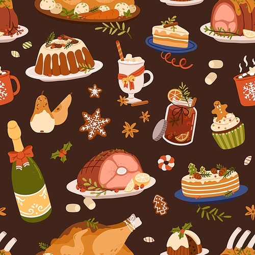 Christmas food pattern. Seamless Xmas background with traditional dishes, winter holiday meals, drinks, desserts. Repeating print with festive turkey, pudding, cake. Colored flat vector illustration.