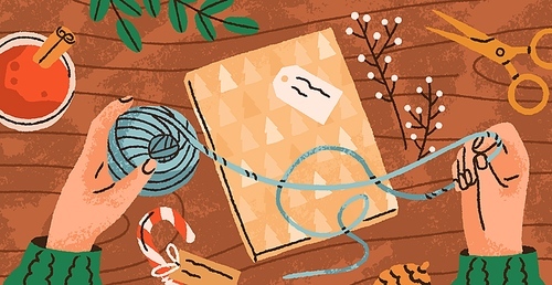 Wrapping Christmas gift in festive paper, decorating present box with DIY decoration, twine. Hands at table, preparing Xmas package decor for winter holiday, top view. Flat vector illustration.