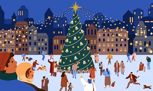 Happy people at Christmas night in town. Merry crowd have fun near Xmas tree at European city street on winter holidays. Families, couples and kids at New Year eve. Colored flat vector illustration.