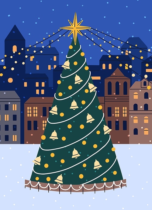 Christmas tree on snow street in winter. Decorated holiday fir on old town square. Xmas firtree with festive ornament, bauble star, garland outdoors in Europe city at night. Flat vector illustration.