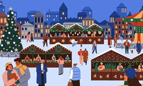 People shopping at street Christmas market. Winter holiday fair with stalls, kiosks decoration and Xmas tree on square of European city. Happy families and children lifestyle. Flat vector illustration.