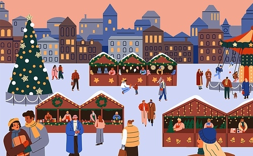 People at Christmas market in Old town. Happy couples, families, kids shopping at street fair on winter holidays. Europe city square at Xmas eve, tree, kiosks and decoration. Flat vector illustration.