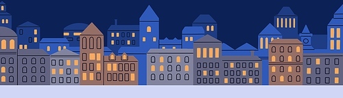 Night city with cozy houses, buildings lights. Europe old town panorama. Panoramic view of empty street at dusk, evening. Nighttime urban landscape, scenery in twilight. Flat vector illustration.