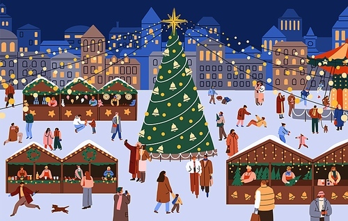 Winter old town with Christmas tree on Europe city square. People shopping at holiday market, Xmas fair on street. Characters outdoors at wintertime, festive urban scene. Flat vector illustration.