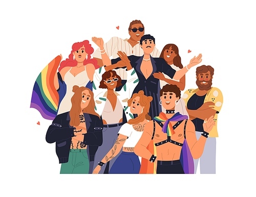 LGBTQ people portrait. LGBT community celebrates love pride. Happy young men, women, transgenders, lesbians and gays with rainbow flags. Flat graphic vector illustration isolated on white .