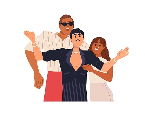Polyamorous family. Happy LGBT people portrait. Woman with multiple love partners, bisexual men. Characters friends in polyamory relationship. Flat vector illustration isolated on white .