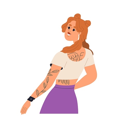 Young modern woman with tattoos on body skin. Happy creative girl looking back. Trendy stylish female character with makeup and accessories. Flat vector illustration isolated on white .