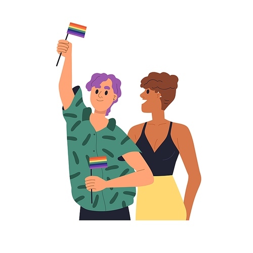 Love couple, lesbian women with rainbow flags. Happy homosexual girls in romantic relationships. LGBT girlfriends lovers, modern partners. Flat vector illustration isolated on white .